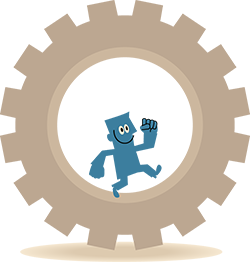 cartoon image of a little blue man running inside a large gear